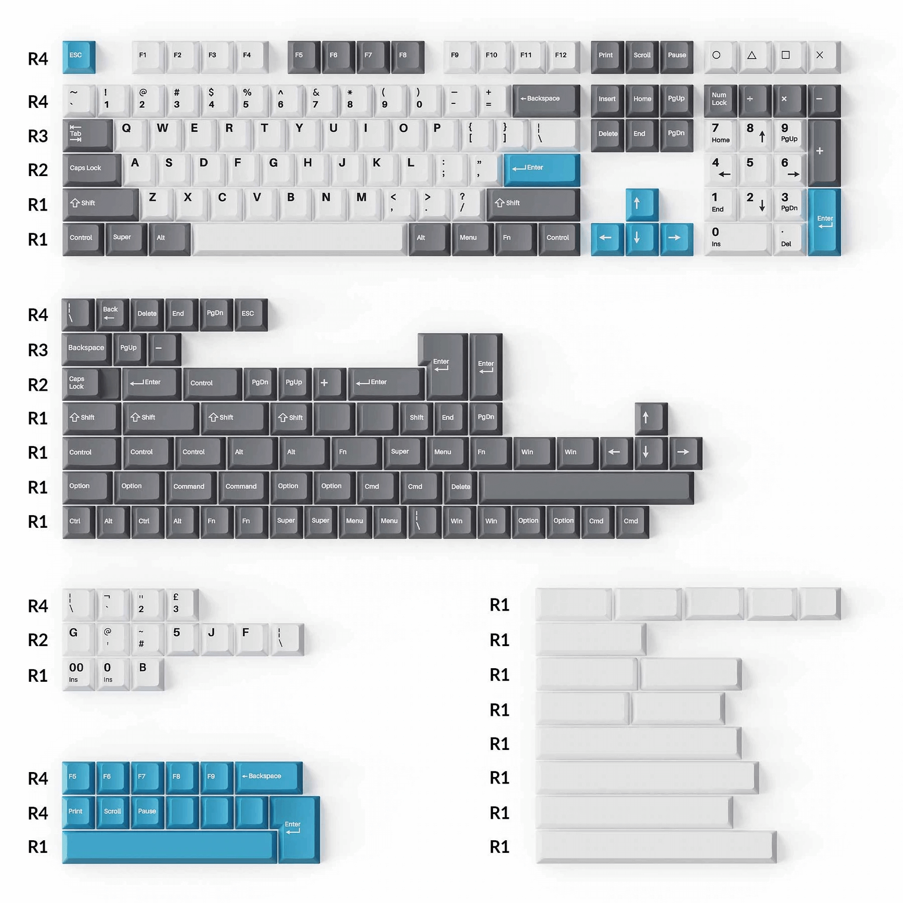 Double-Shot PBT Cherry Profile Full Set Keycaps - Grey, White and Blue