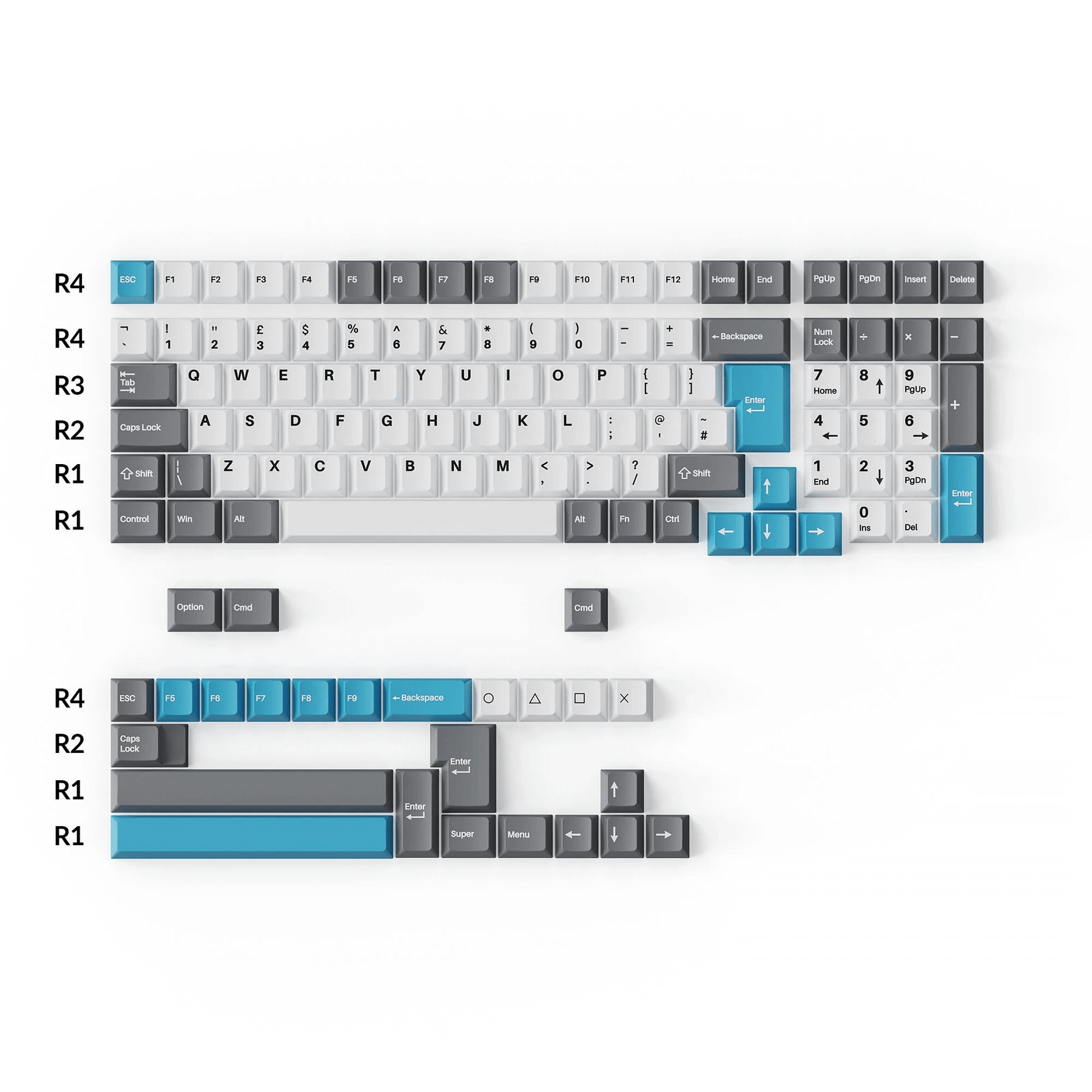 Double-Shot PBT Cherry Profile Full Set Keycaps - Grey, White and Blue