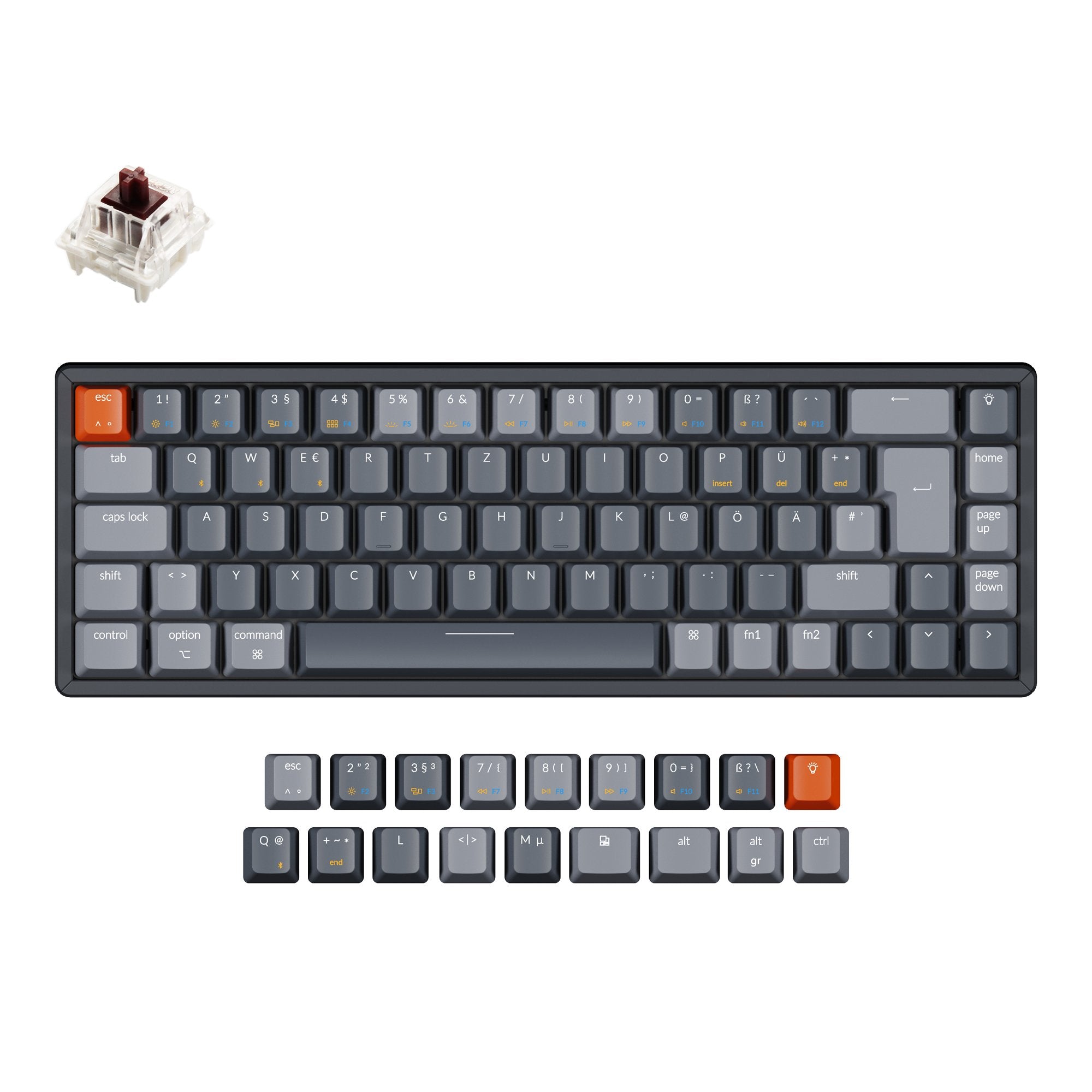 Keychron K6 65 percent compact wireless mechanical keyboard for Mac Windows iPad tablet German ISO DE layout Gateron mechanical brown switch with RGB backlight aluminum frame