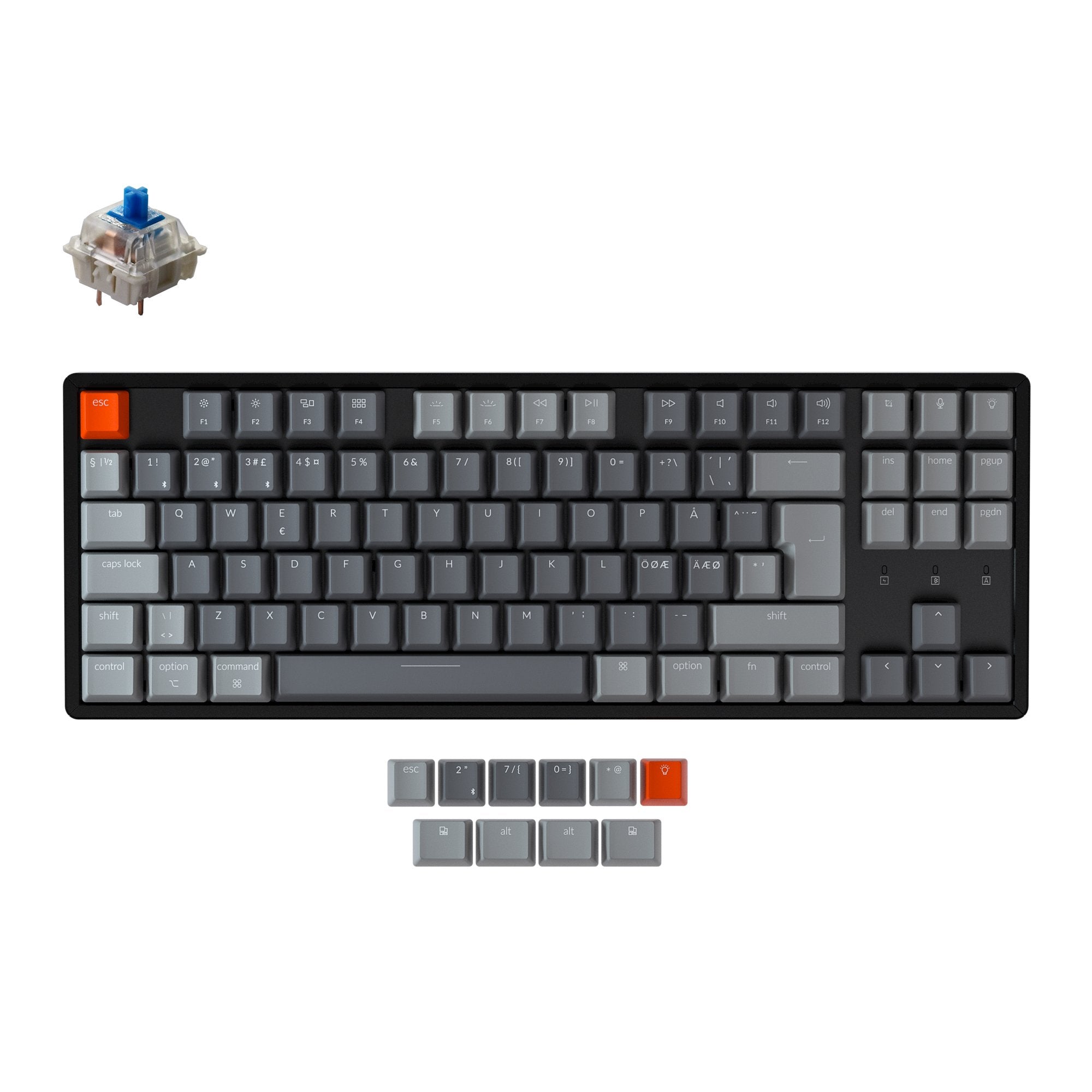 Keychron K8 Tenkeyless Wireless Mechanical Keyboard (Nordic ISO Layout) has included keycaps for both Windows and macOS, and users can hotswap every switch in seconds with the hot swappable version.