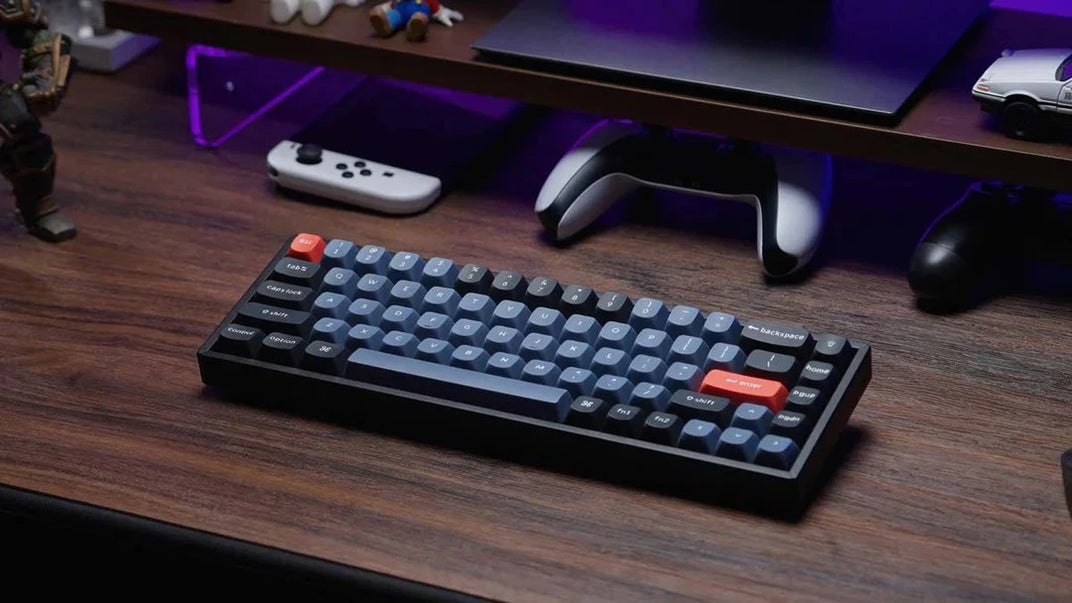 A Keychron keyboard on a wooden desk